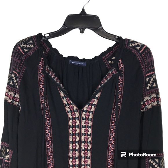 American Eagle Black Embroidered Peasant Top - Picture 2 of 12
